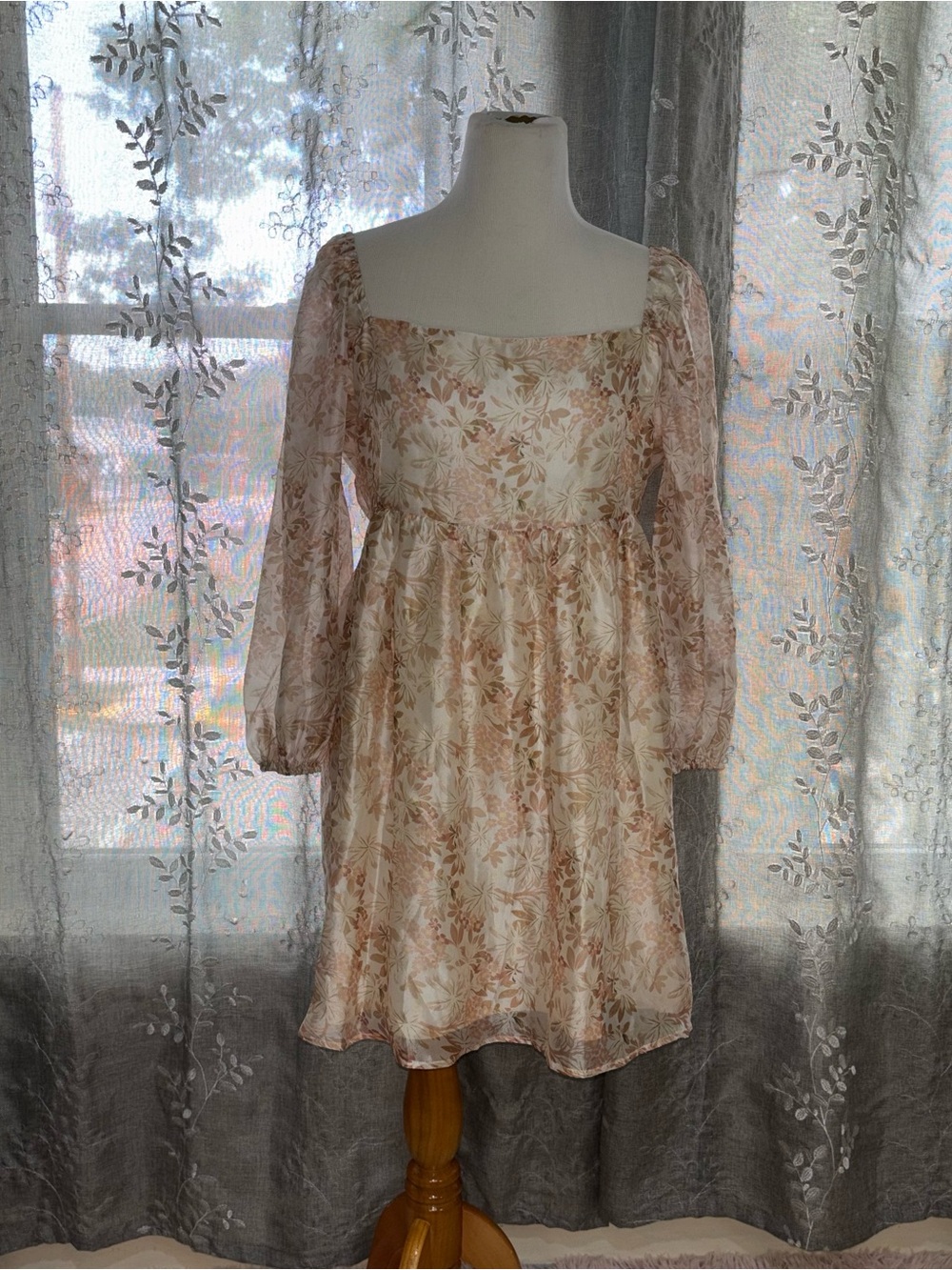 Pink Lily Blush Floral Square-Neck Long-Sleeve Mini Dress